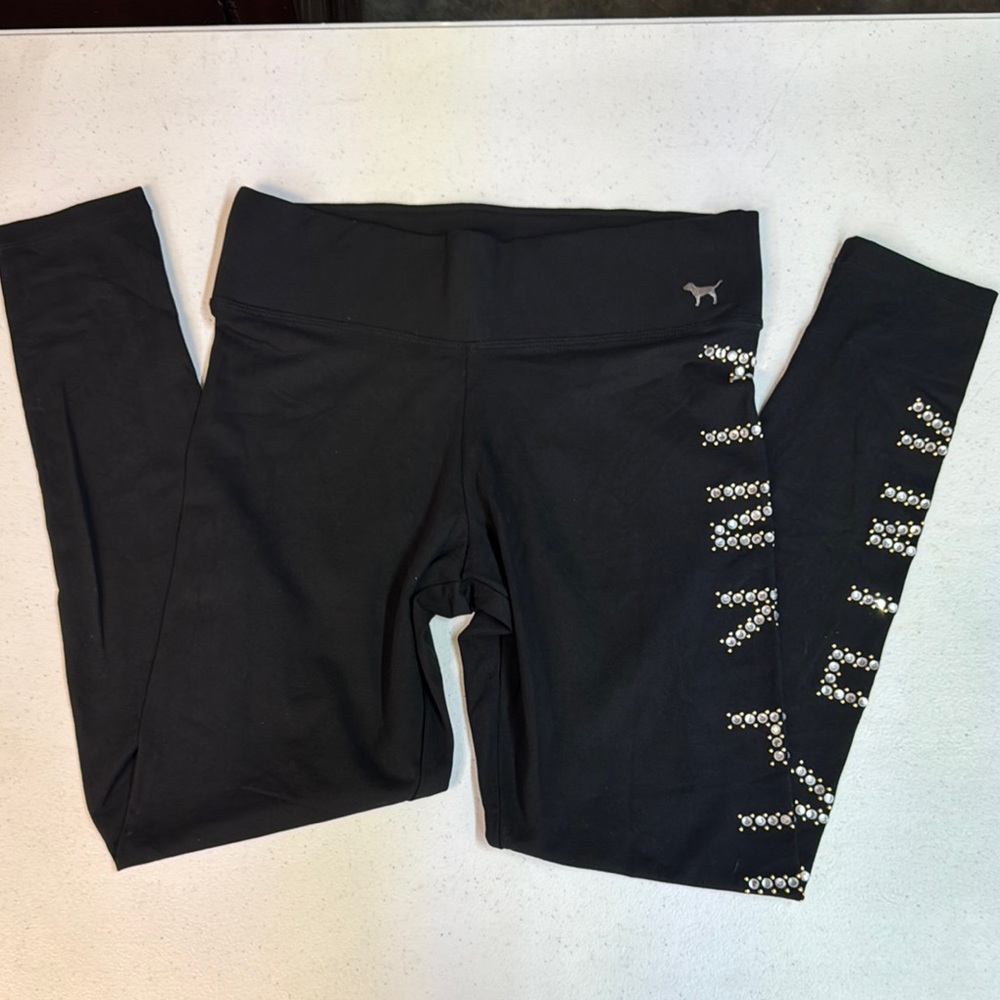 PINK Victoria’s Secret - black leggings with PINK rhinestones down leg